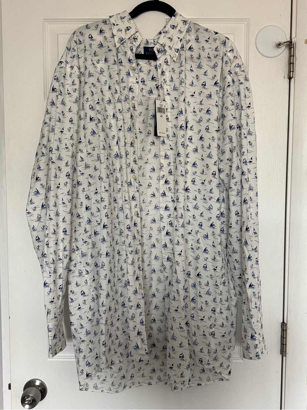Ralph Lauren Polo  White Shirt with Navy Sailboat Print XLT